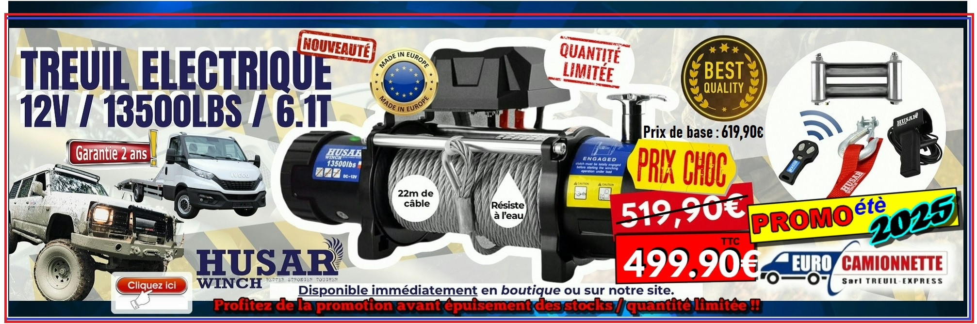Treuil HUSAR-WINCH 13500 PROMO EURO CAMIONNETTE
